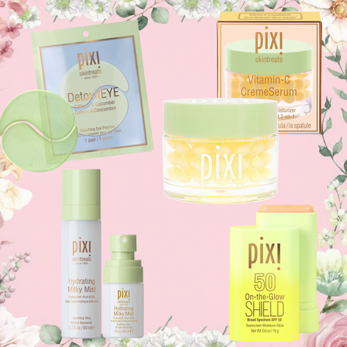 Petra's Travel Glow Edit on a pink background featuring Detoxifeye 5-Pairs, Vitamin-C CremeSerum, Hydraing Milky Mist and On-the-Glow SHIELD SPF 50 view 1