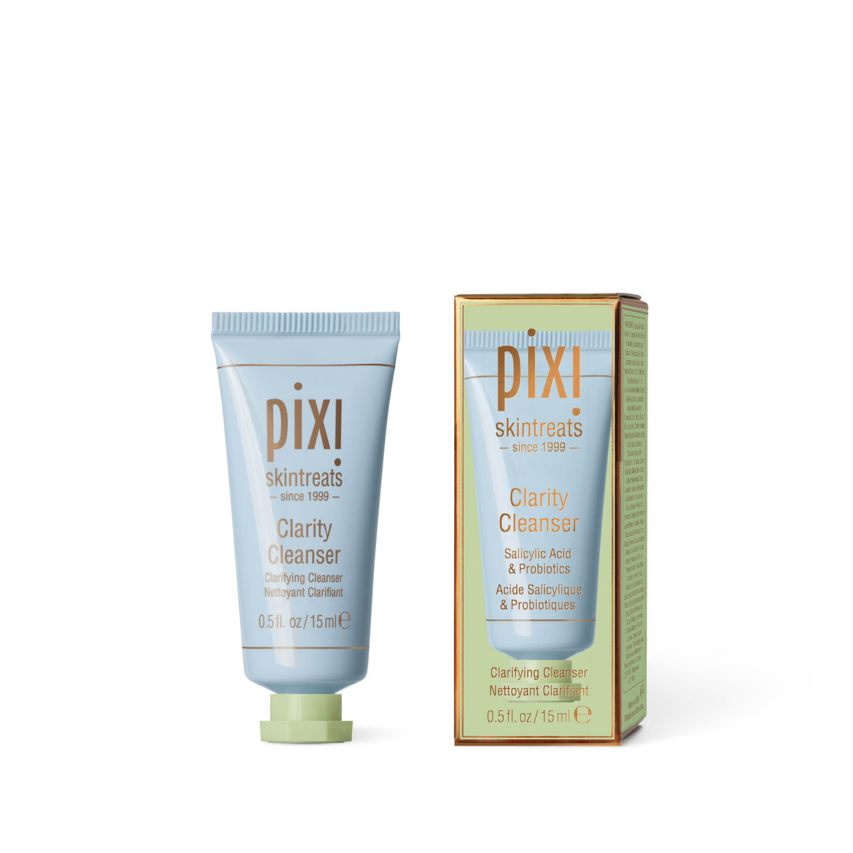 Pixi Skintreats Clarity Cleanser shown as a light blue squeeze tube with a pale green cap next to its matching light green and gold outer box on a white background.
