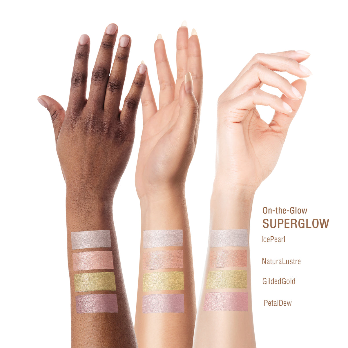 Three human arms with makeup swatches and text reading 'On-the-Glow SUPERGLOW' and shade names 'IcePearl,' 'NaturalLustre,' 'GildedGold,' and 'PetalDew' on a white background.