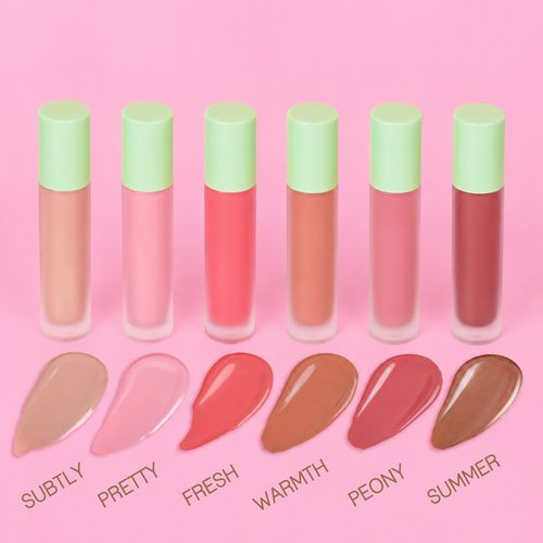 Set of LiquidGlow products with green caps on a pink background, showing swatches below in order: Subtly, Pretty, Fresh, Warmth, Peony, Summer. view 2