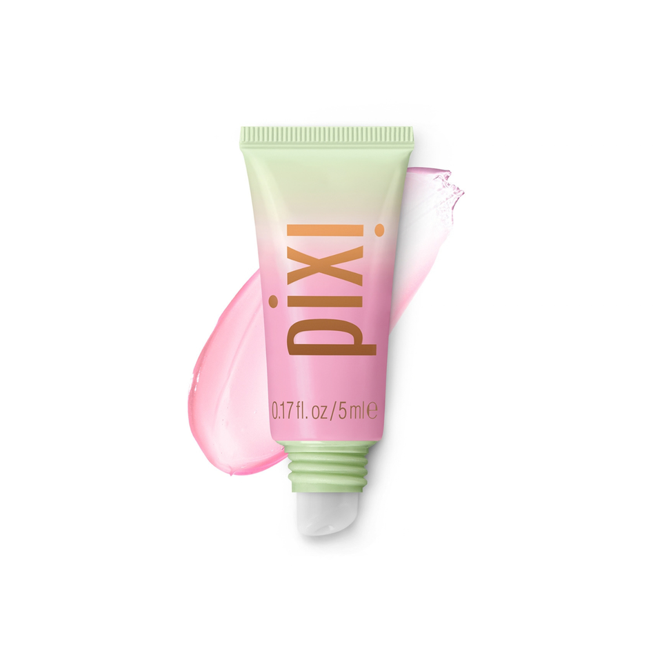 Pixi Petite LipTone with a light green to pink gradient, featuring the brand name 'pixi' in gold lettering, shown with a pink product smear on a white background. view 1