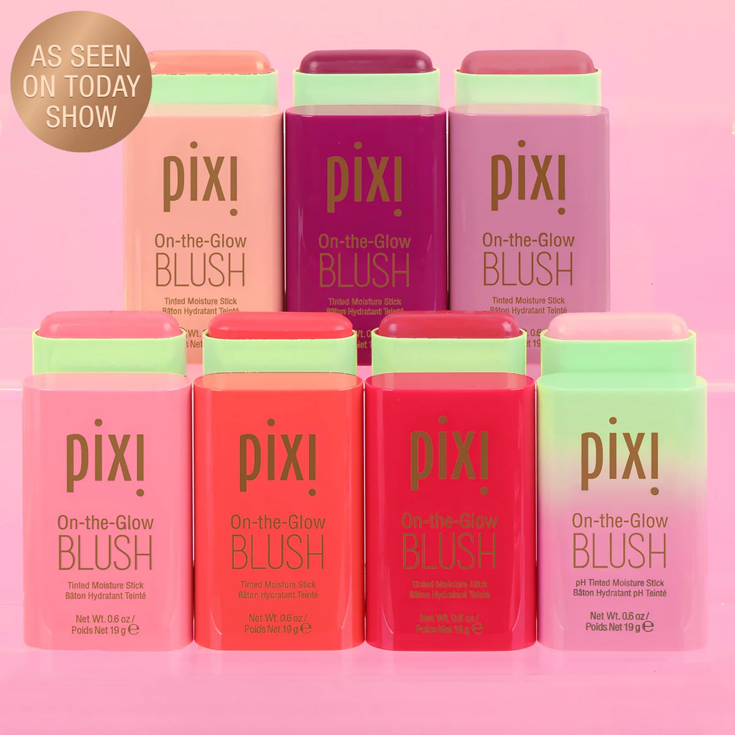 Pixi On-the-Glow Blush hydrating pH-reactive cream blush stick for dewy natural makeup

On-the-Glow Blush products on a pink background and "As Seen on Today Show" sticker
