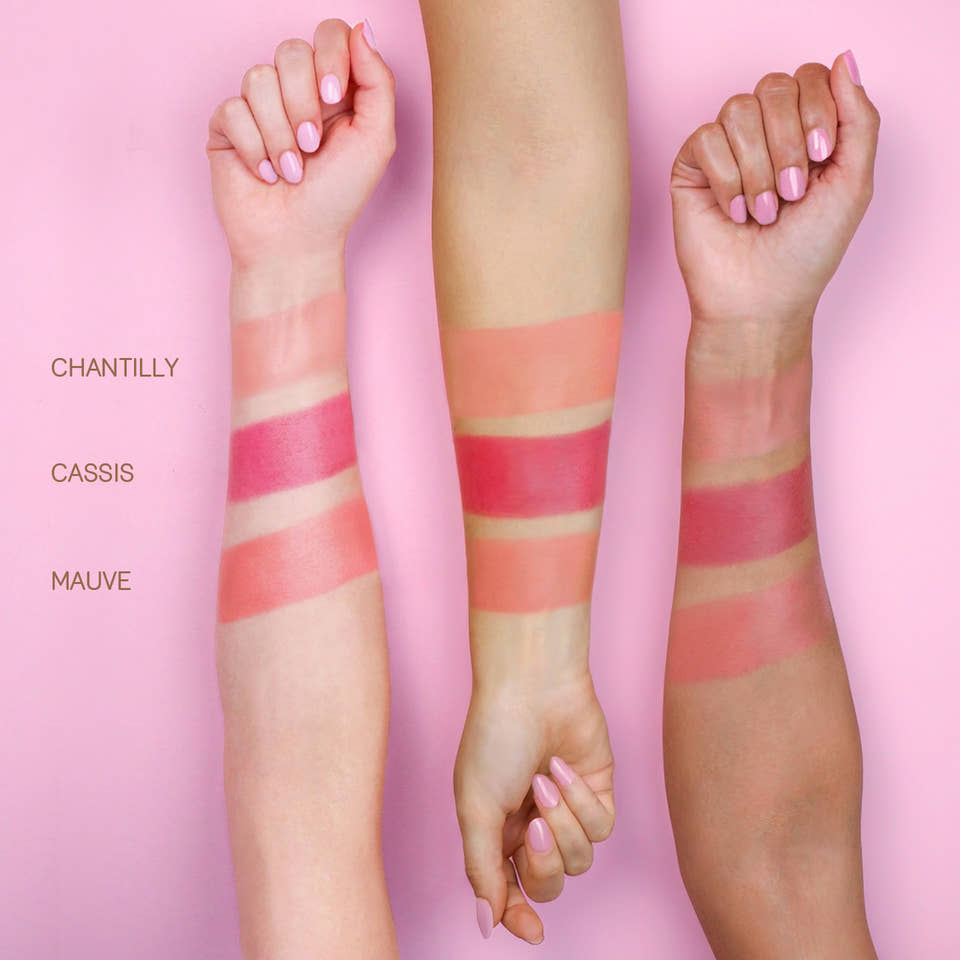 On-the-Glow BLUSH new swatch shades in Chantilly, Casis and Mauve, shown on arms and showing buildable dewy finish. view 2