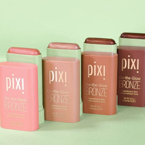 Pixi 'On-the-Glow Bronze' products on a light green background