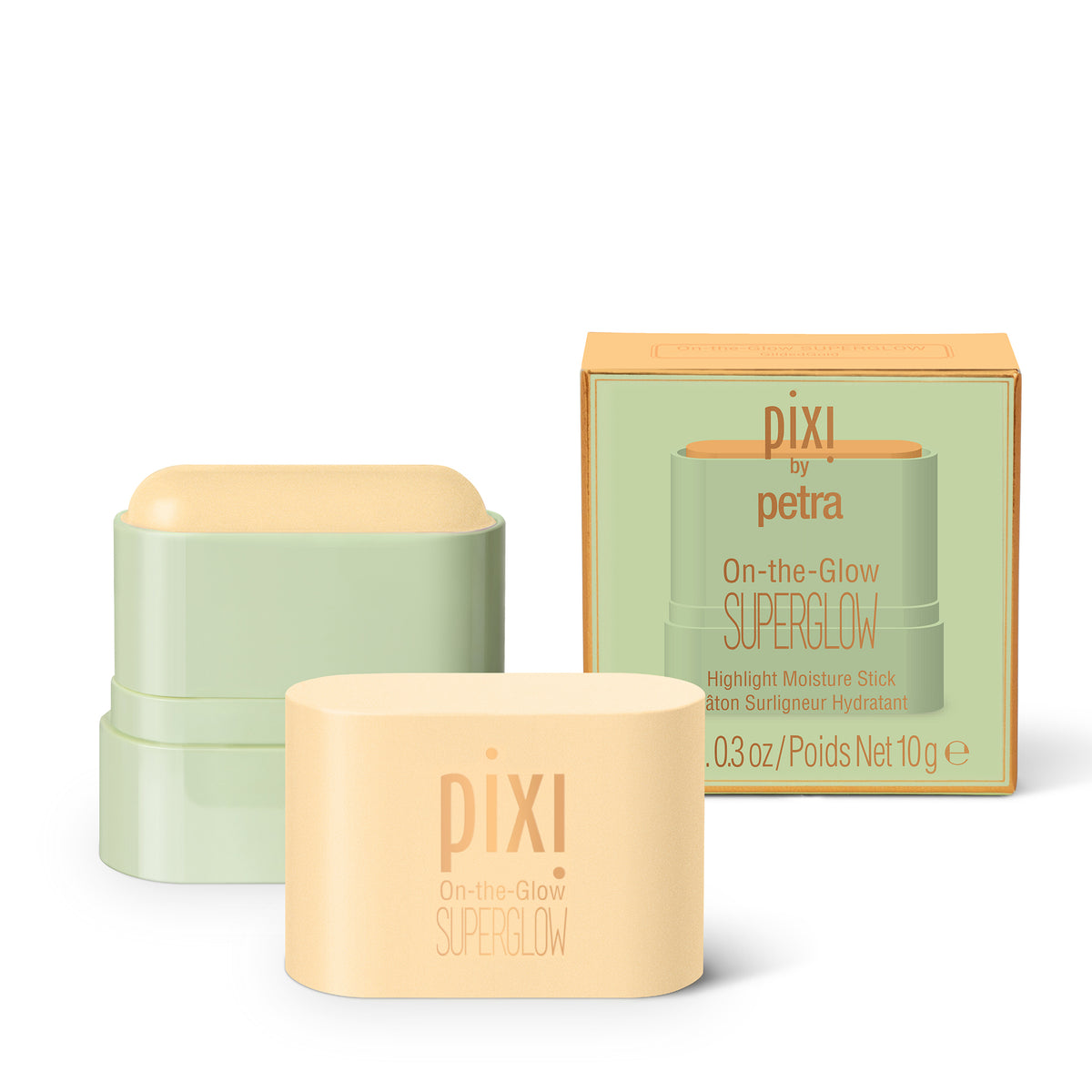 Pixi by Petra On-the-Glow Superglow highlighter stick shown with its pale green and peach packaging, alongside two open stick containers in matching pastel shades on a white background.