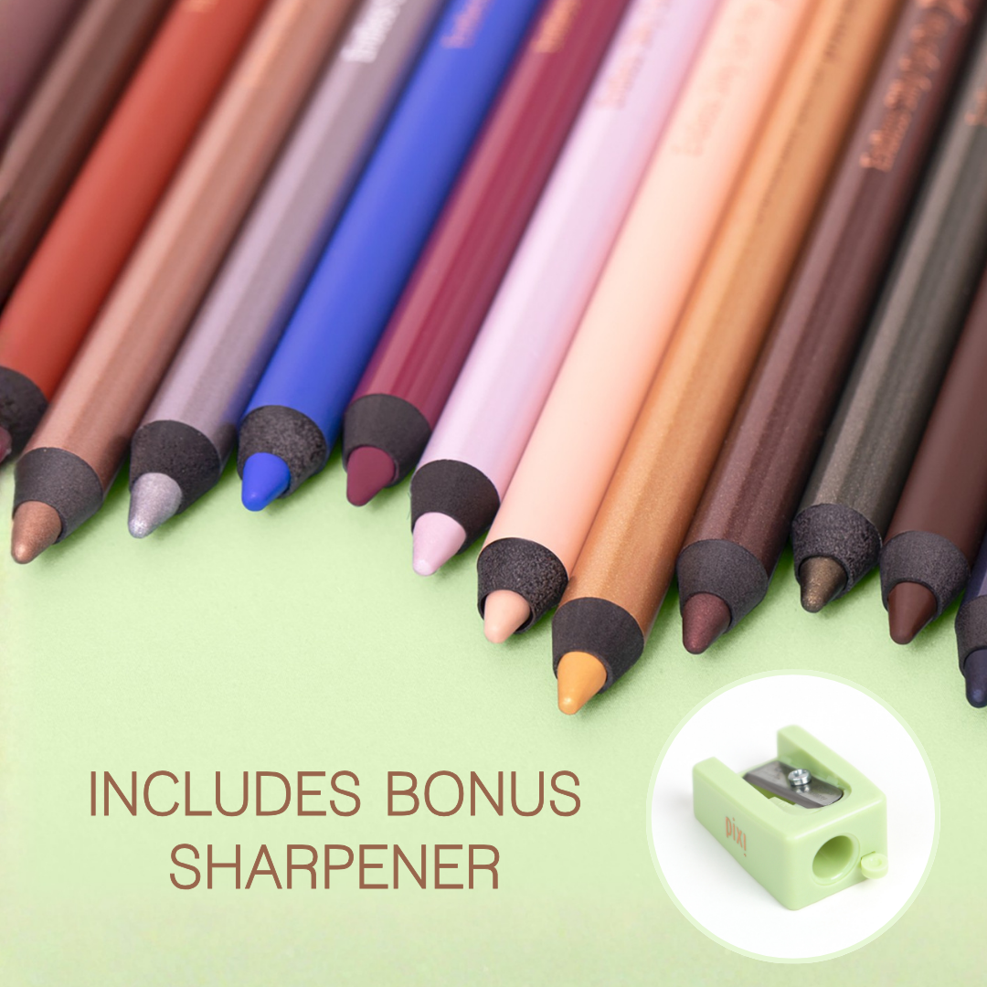 A set of multicolor Endless Silky Eye Pens arranged diagonally on a light green background, with text reading 'INCLUDES BONUS SHARPENER' and a circular inset showing a mint green sharpener.