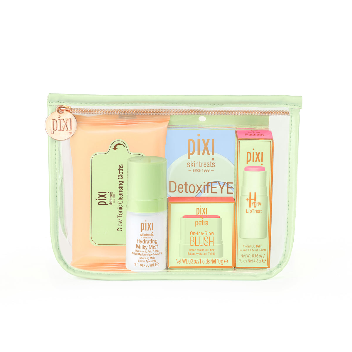  PIXI skincare product set with various items in a clear pouch on a white background