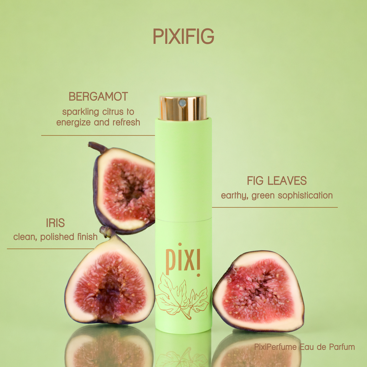 PixiPerfume Eau de Parfum - PixiFig. Bergamot: sparkling citrus to energize and refesh, Fig Leaves: earthy, green sophistication, Iris: clean, polished finish