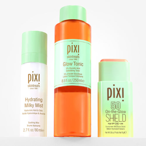 Bundle image shown on a white background featuring Glow Tonic, Hydrating Milky Mist and On-the-Glow SHIELD SPF 50 - View 1 view 1