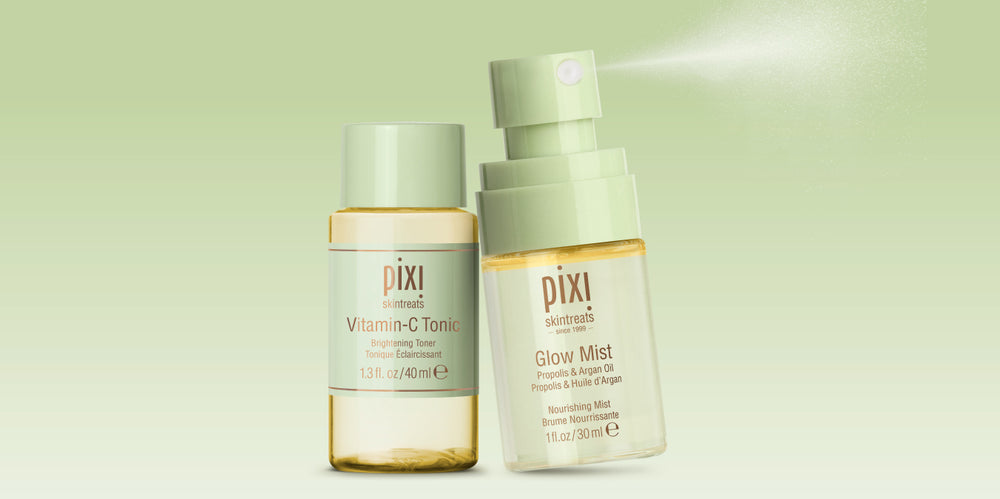 Mini Glow Mist and Mini Vitamin-C Tonic on a green background