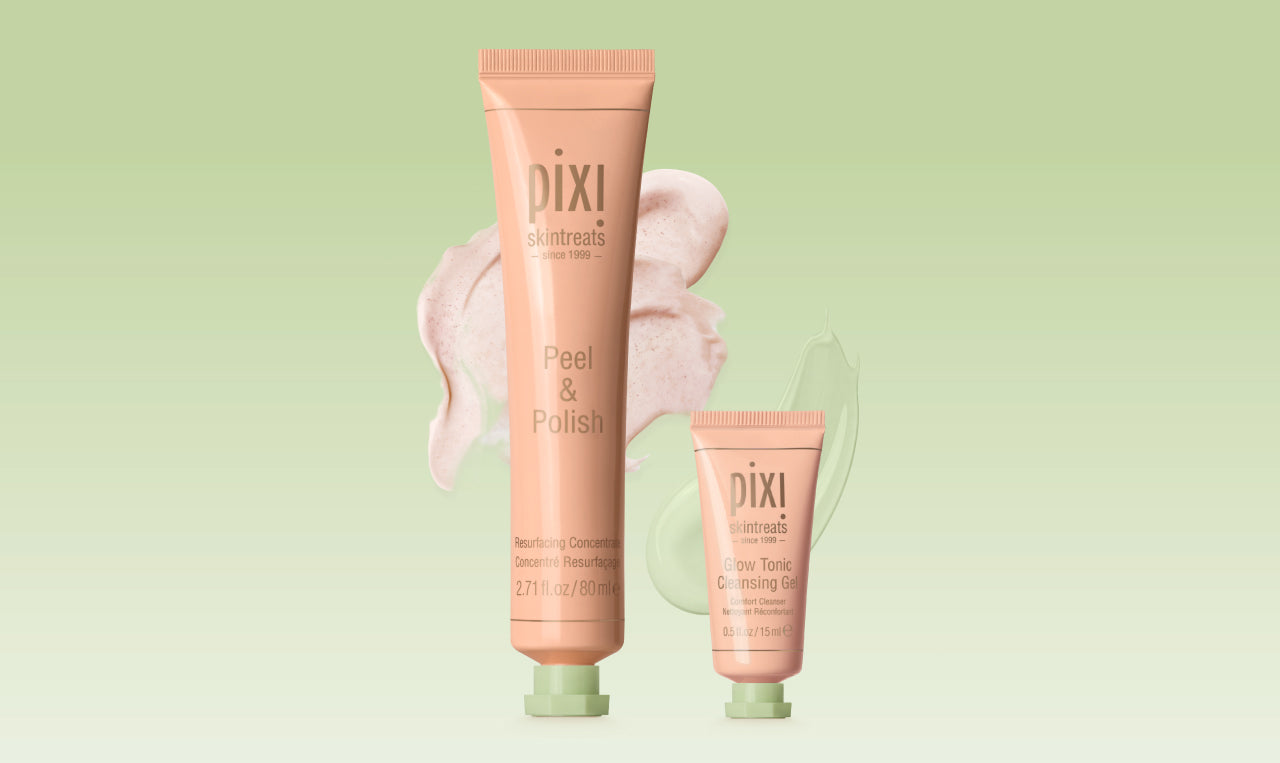 Full-Size Peel & Polish with Petite Glow Tonic Cleansing Gel with swatches shown on a green background - View 2