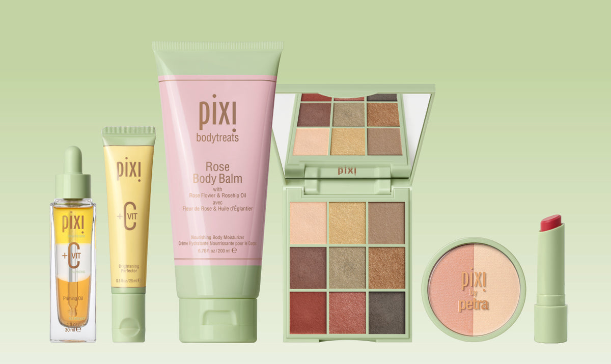 Collection of Pixi products shown on a gradiant white and green background. View 1