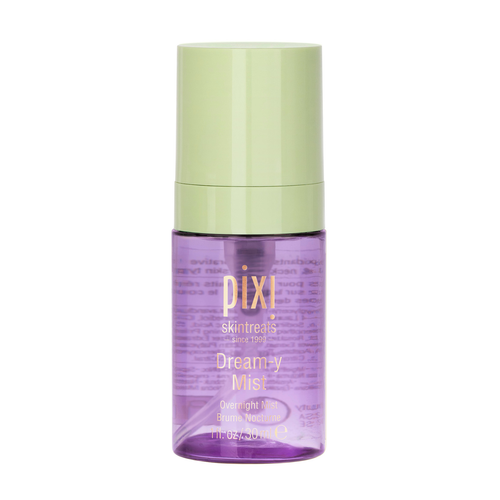 A bottle of Pixi SkinTreats Dreamy Mist on a solid white background. The bottle is translucent purple with a light green cap. view 1