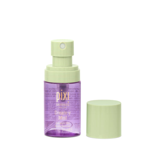 Pixi Skintreats Dreamy Mist overnight spray in purple with a light green pump and cap, shown on a white background. view 2