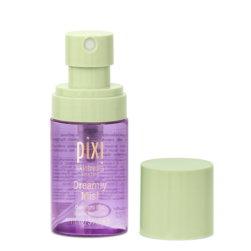 Pixi Skintreats Dreamy Mist overnight mist in a purple bottle with a light green pump and cap, shown on a white background. view 2