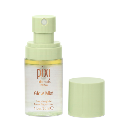 Pixi Skintreats Glow Mist nourishing spray bottle in a pale sage green color, shown with its cap off next to it on a white background. view 2