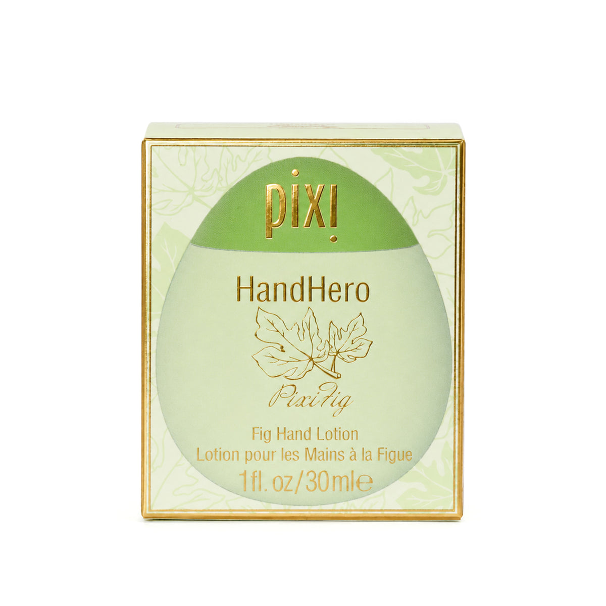 Pixi HandHero PixiFig Hand Lotion 1 fl. oz / 30ml in its original packaging, featuring a light green and gold box with a leaf illustration.