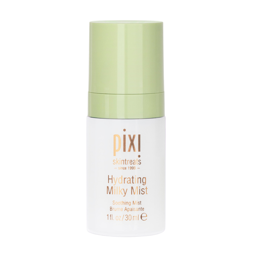 Pixi Skintreats Hydrating Milky Mist mini size soothing mist in a white bottle with a light green cap, on a white background. view 1