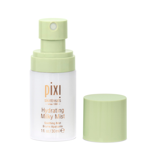 Pixi Skintreats Hydrating Milky Mist mini size in a white bottle with a light green pump and cap, shown on a solid white background. view 2