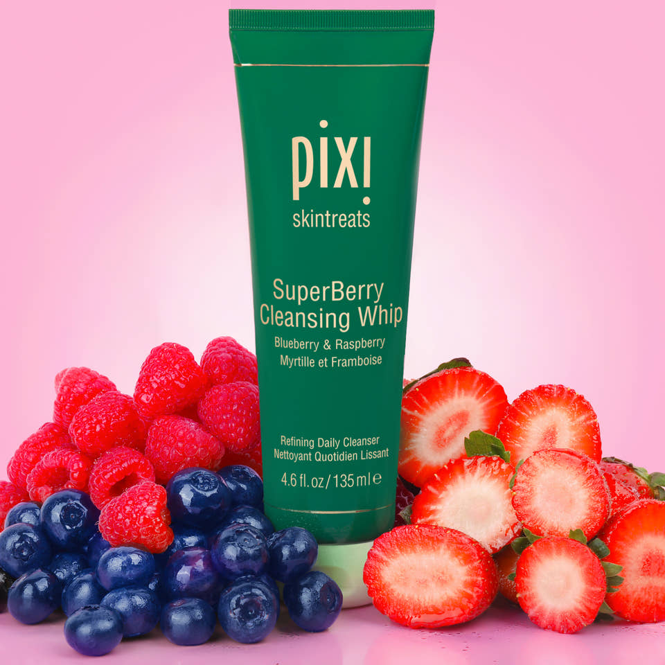 Pixi SuperBerry Cleansing Whip with berries on a pink background view 2