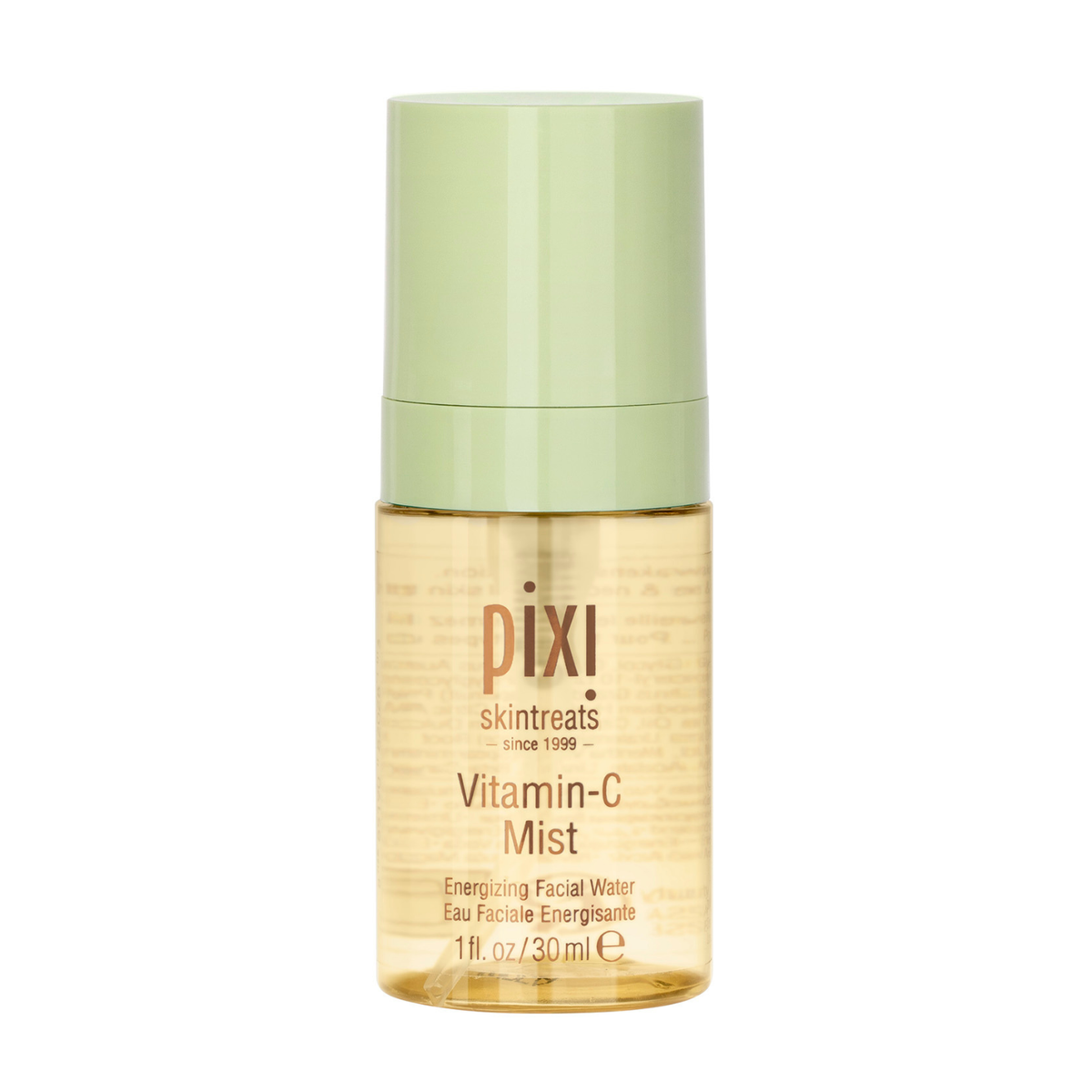 Pixi SkinTreats Vitamin-C Mist in a clear bottle showing the golden formula inside, topped with a light sage green cap, on a solid white background.
