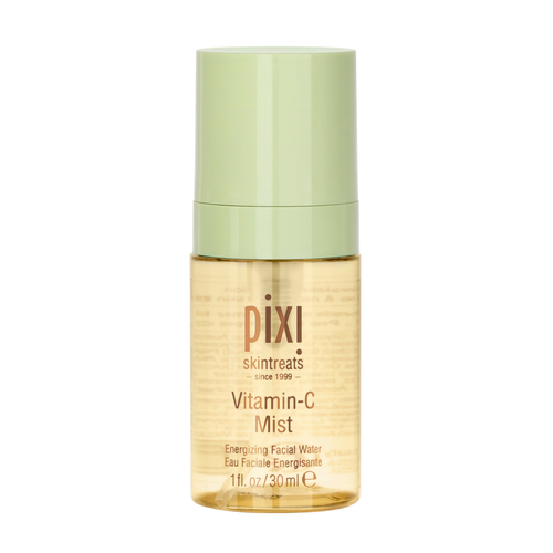 Pixi SkinTreats Vitamin-C Mist in a clear bottle showing the golden formula inside, topped with a light sage green cap, on a solid white background. view 1