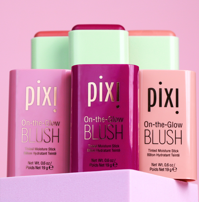 Pixi On-the-Glow Blush products on a pink background