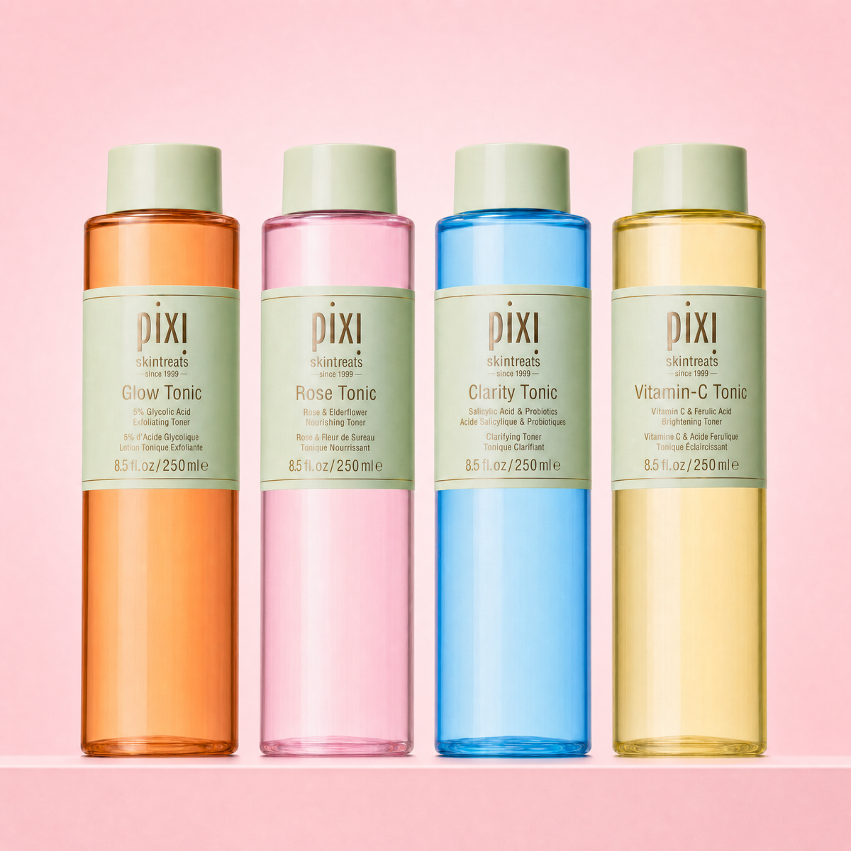 Best of Tonics Vault shown on a pink background featuring Glow Tonic, Rose Tonic, Clarity Tonic and Vitamin-C Tonic